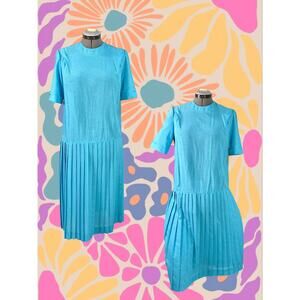 Volup Vintage 60s 70s Missy H Aqua Drop Waist Accordion Skirt Dress Size XL